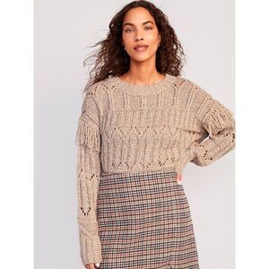 Old Navy Light Brown Heather Textured Fringe Pullover Sweater Size Small